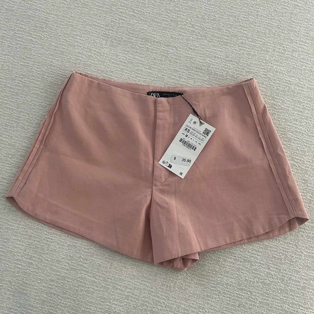 Zara High-Waisted Linen Blend Shorts in Pale Pink REF. 7385/419
